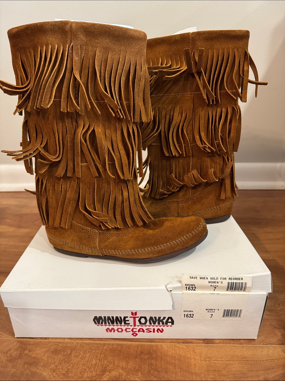 Minnetonka Brown Suede Layered Fringe Moccasin Boots